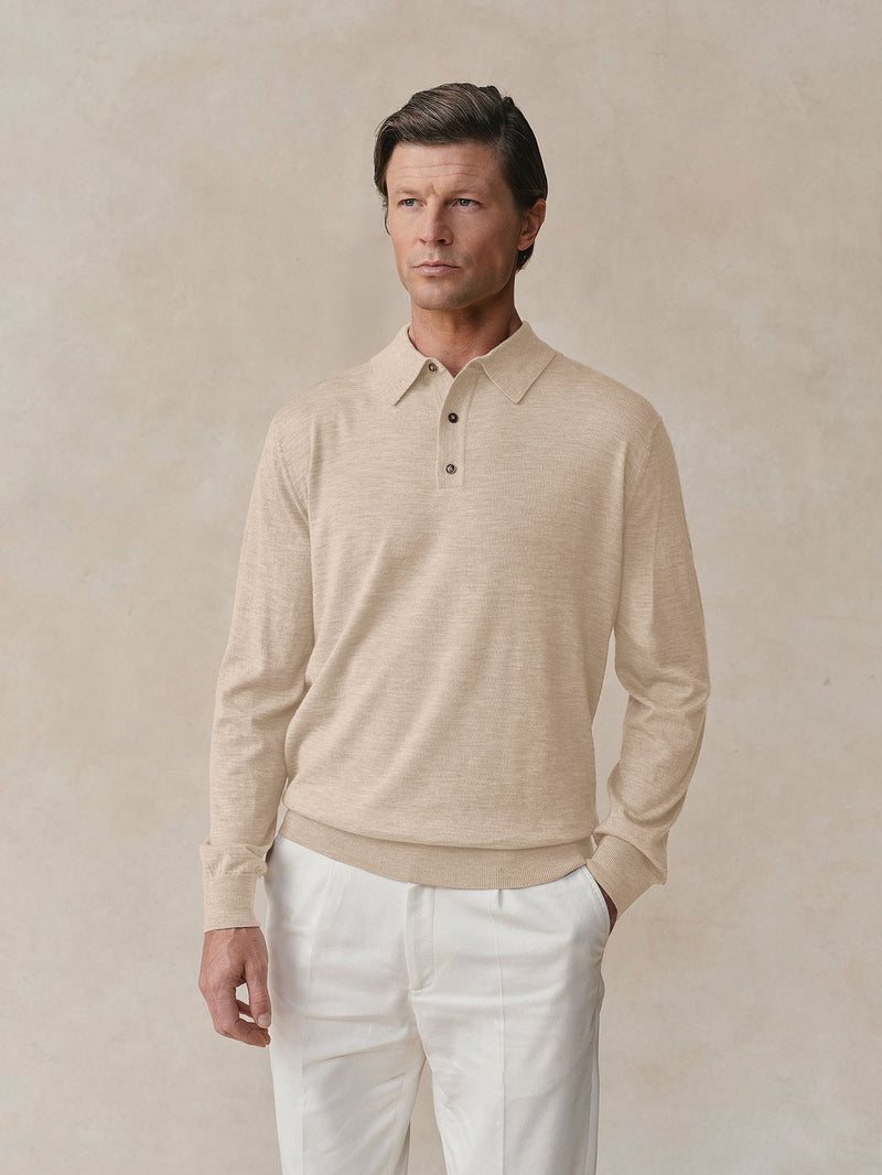 Worsted Cashmere Long Sleeve Polo - Mens (Dune)