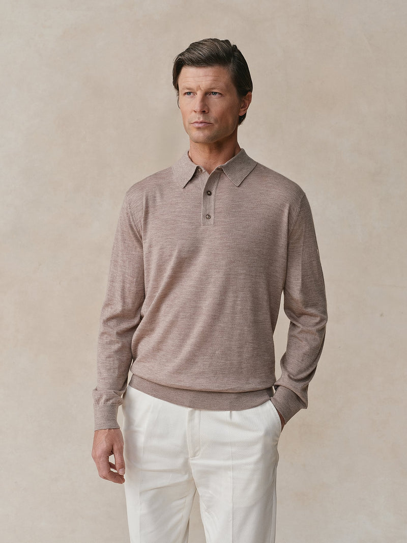 Worsted Cashmere Long Sleeve Polo - Mens (Hickory)