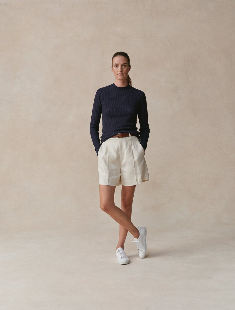 Silk Cashmere Micro Cable Crewneck - Womens (Ink)