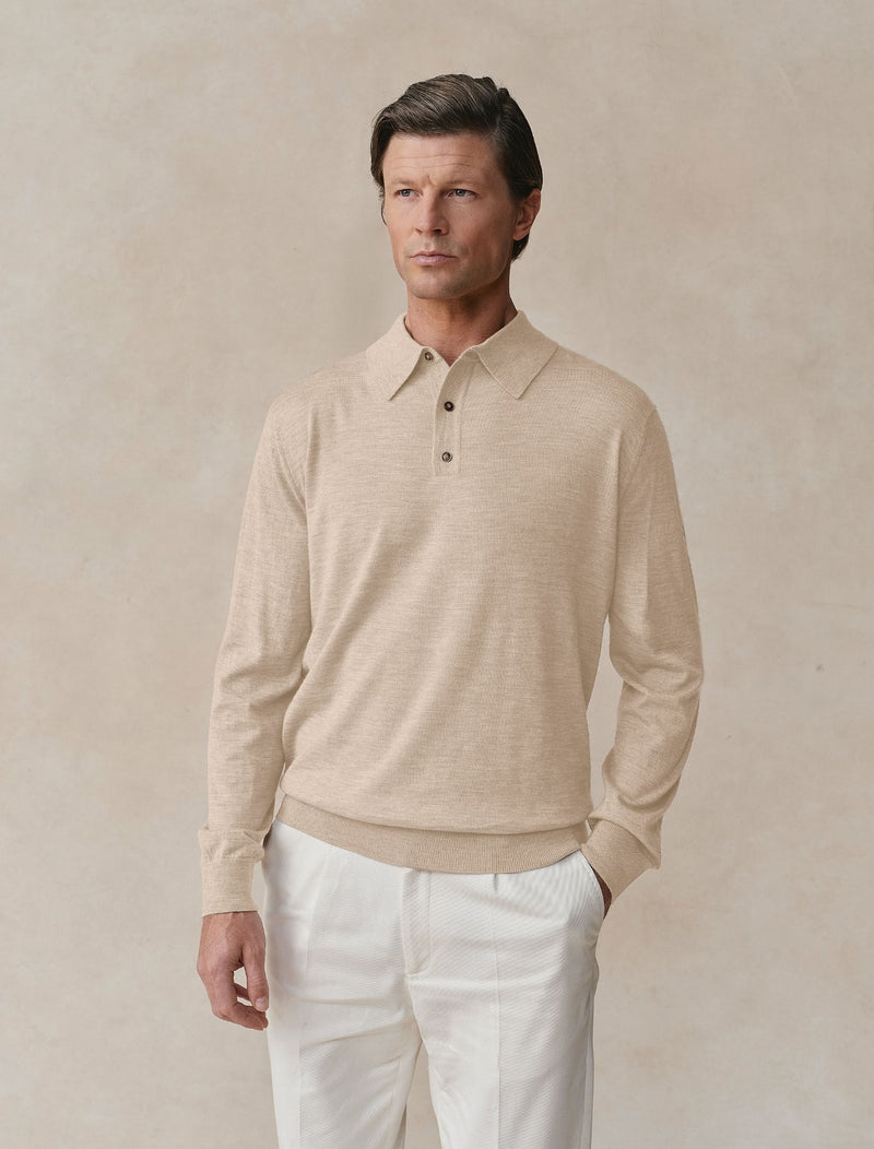Worsted Cashmere Long Sleeve Polo - Mens (Dune)