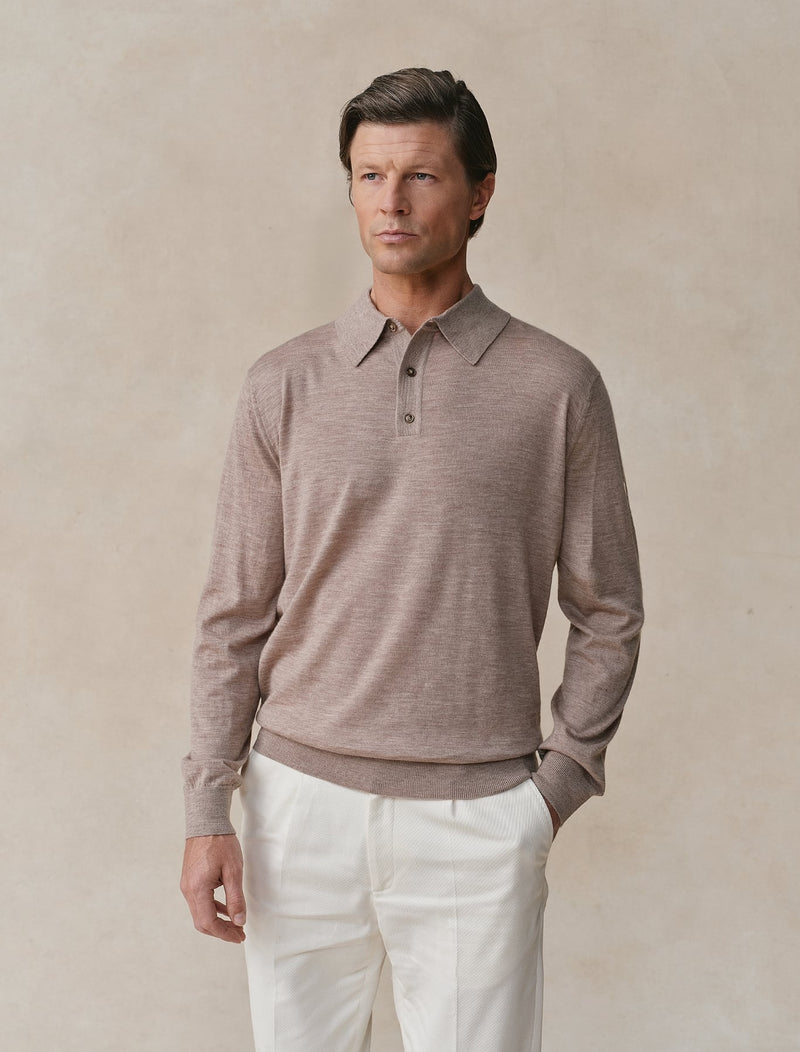Worsted Cashmere Long Sleeve Polo - Mens (Hickory)